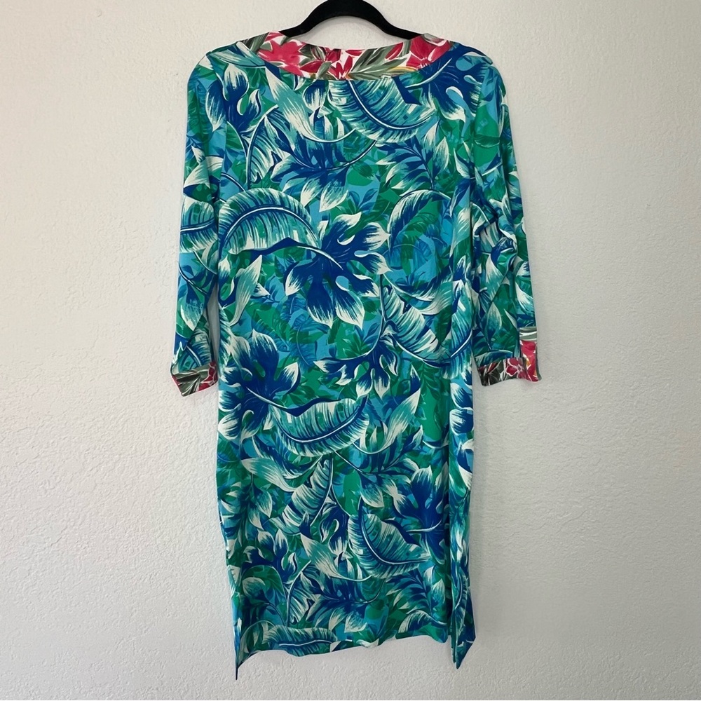 Caribbean Joe Blue Tropical Slinky Sheath Dress Women’s Size Medium 3/4 Sleeve - Picture 3 of 7